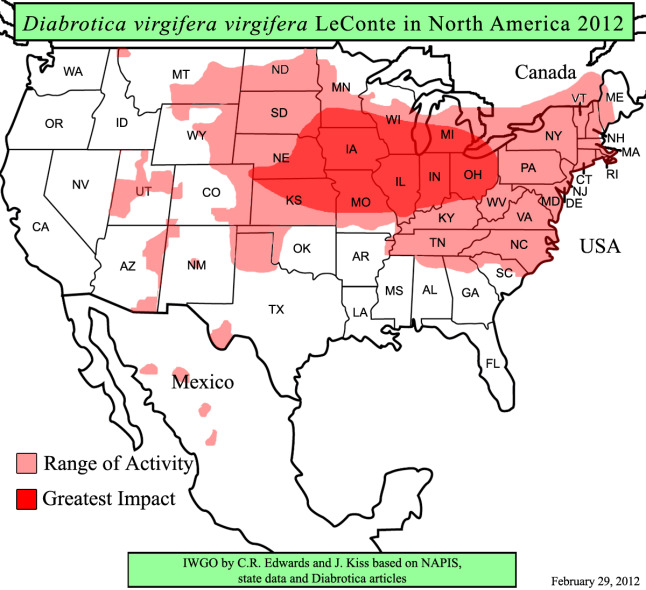 Verbreitungsgebiete des westlichen Maiswurzelbohrers in Nordamerika
