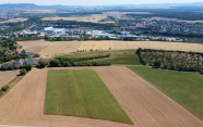 Drohnenaufnahme von einem On-Farm-Versuch zur Standraumverteilung bei Mais. Im Hintergrund ist die Stadt Kitzingen zu sehen.