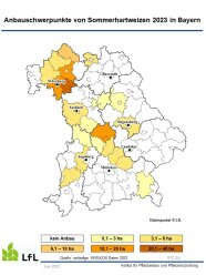 Karte von Bayern mit Anbauschwerpunkten von Sommerhartweizen Ernte 2023			