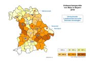 Bayernkarte mit Anbauschwerpunkten Mais und Standorte Versuche Grenzlagen 2019