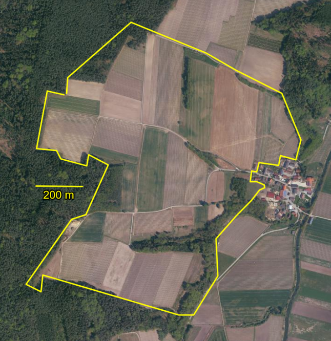 Markierung der Gebietskulisse Eichelberg: Umfang ca. 4,9 km Fläche ca. 85 ha davon  ca. 34 ha Hopfen (40%) ca. 28 ha Ackerland (33%) ca. 12 ha Wald/Gehölz (15%) ca. 3 ha Grünland/Blühfläche (4%) ca. 4 ha Sonderstandorte/Eh-da (4%) 