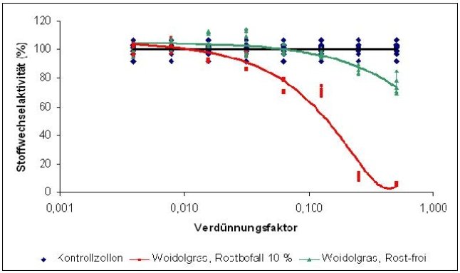 Abb. 2: Einfluss von Rostbefall an Gräsern auf die Stoffwechselaktivität von Säugetierzellen am Beispiel von Kronenrost (<i>Puccinia coronata</i>) an Deutschem Weidelgras (<i>Lolium perenne</i> L.)