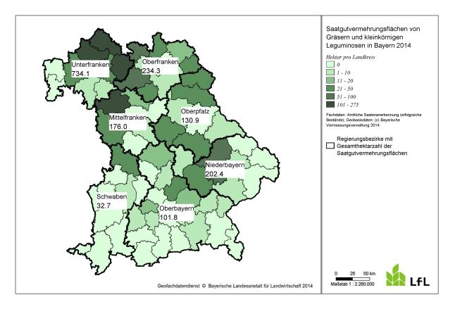 Anerkannte Saatgutvermehrungsfläche 2014 nach Regierungsbezirken und Landkreisen in Bayern (erstellt von K. Grant, nach Angaben der amtlichen Saatenanerkennung 2014)