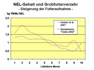 Liniendiagramm zu NEL-Gehalt und Grobfutterverzehr in Abhängigkeit vom Laktationsmonat