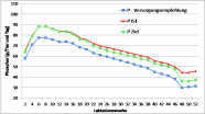 Grafik Versorgungsempfehlungen und gefütterte Mengen an Phosphor im Laktationsverlauf