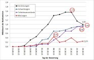 Verlauf von Schwanzbeißen anhand der Parameter Verletzungen, Schwellungen, Blutungen und Teilschwanzverluste bei nicht schwanzkupierten Tieren der Zulageuppe