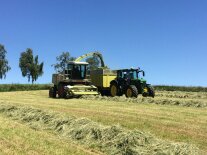 Grashäcksler und Traktor mit Hänger bei der Ernte.