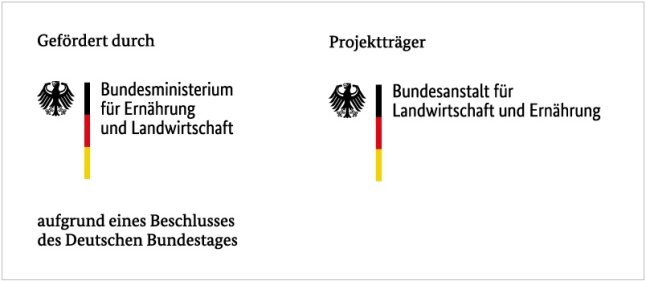 Kombilogo BMEL und BLE. Text: Gefördert durch Bundesministerium für Ernährung und Landwirtschaft aufgrund eines Beschlusses des Deutschen Bundestags | Projektträger Bundesanstalt für Landwirtschaft und Ernährung.