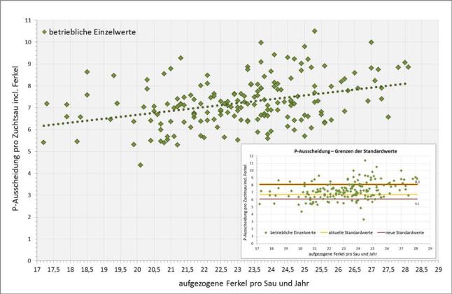 Einzelbetriebliche Phosphorausscheidung in der Ferkelerzeugung in Abhängigkeit von den aufgezogenen Ferkeln je Sau und Jahr sowie Grenzen der alten (gelb) und neuen (rot) DLG-Standardausscheidungen.