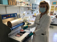 Person im Labor bei der Bearbeitung der Fleischprobe 