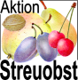 Das gezeichnete Logo der Aktion Streuobst zeigt einen Apfel, zwei Pflaumen, eine Birne, zwei Kirschen und einen Obstkern.