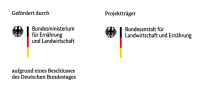 Direkt nebeneinander sind die Logos des Bundesministeriums für Ernährung und Landwirtschaft sowie der Bundesanstalt für Landwirtschaft und Ernährung zu sehen. Schwarz auf weißem Grund mit jeweils links Bundesadler und vertikalem schwarz-rot-goldenen Balken daneben.