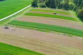 Luftbild von streifenweise bewirtschafteten Feldern.