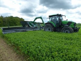 Traktor beim Einsatz auf einem Lutzernenfeld