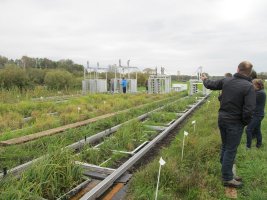 Personen an einer Versuchsanlage auf einem Feld