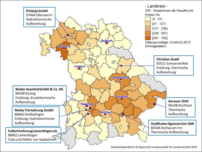 Karte von Bayern mit Markierungen der Sojaufbereitungsanlagen