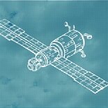 Zeichnung eines Satelliten auf blauem Hintergrund