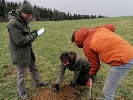 drei Personen auf einem Feld suchen in der Erde nach Engerlingen