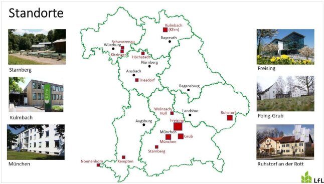 Bayernkarte mit den Standorten der LfL