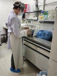 Eine Person in Schutzkleidung im Labor bei der Probenvorbereitung zum Autoklavieren von  Klärschlamm.