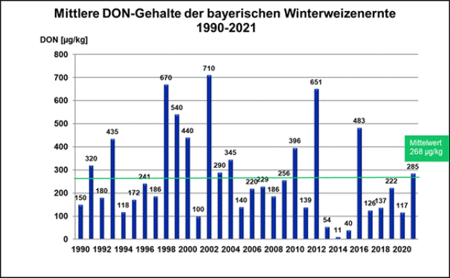 Mittlere DON-Gehalte der bayerischen Winterweizenernte 1990-2021